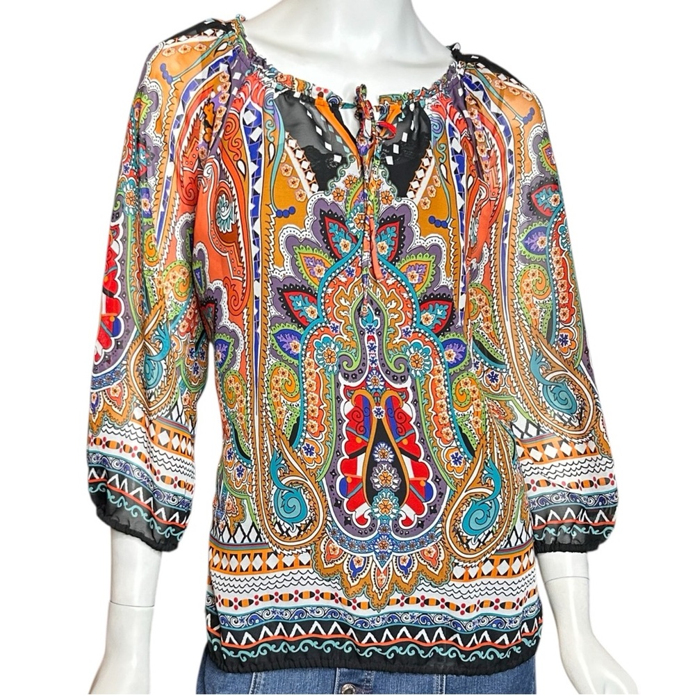 Chico's Women’s Size Chico’s 2/Large Paisley Boho Shear Blouse 3/4 Sleeve